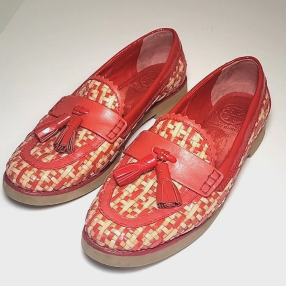 Tory Burch Careen woven loafers in red and cream tassels detail women's size 6.5